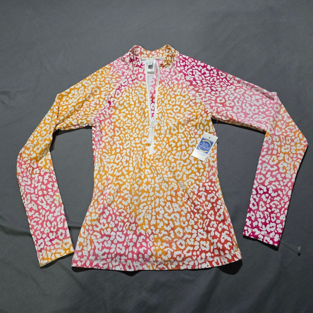 J. Crew Rash Guard Women S Pink Orange Leopard Print Long Sleeve UPF 50+ Zip